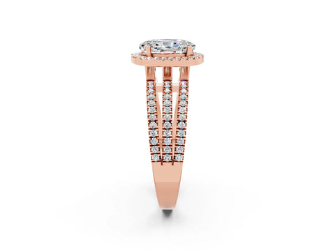 Rose gold {shape_name} Moissanite Halo Engagement Ring with Split Shank and Four-Prong Setting_2