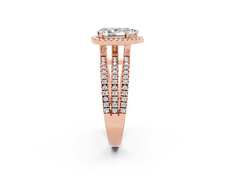 Rose gold {shape_name} Moissanite Halo Engagement Ring with Split Shank and Four-Prong Setting_2