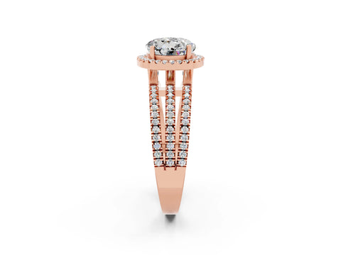 Rose gold {shape_name} Moissanite Halo Engagement Ring with Split Shank and Four-Prong Setting_2