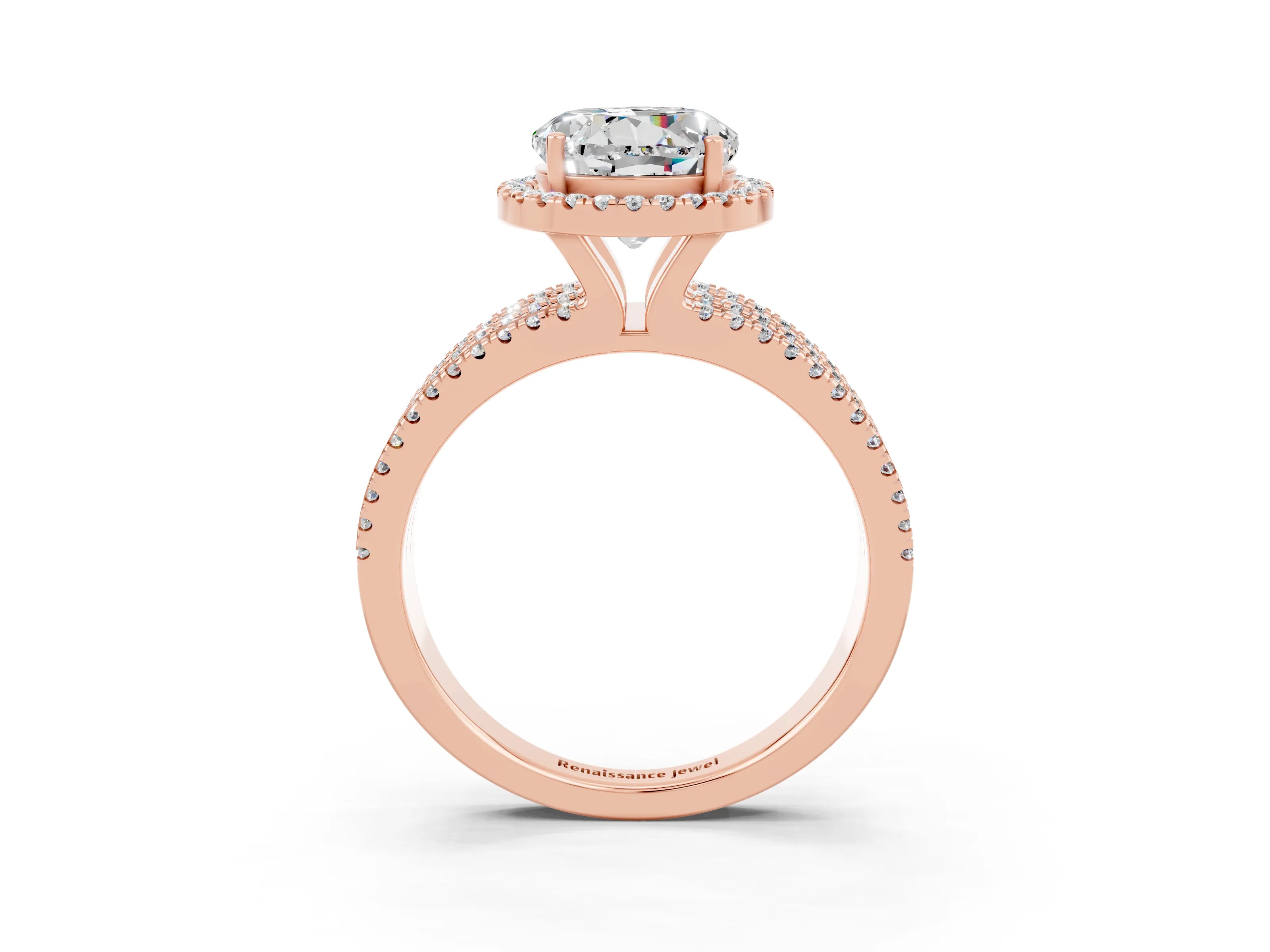 Rose gold {shape_name} Moissanite Halo Engagement Ring with Split Shank and Four-Prong Setting_3