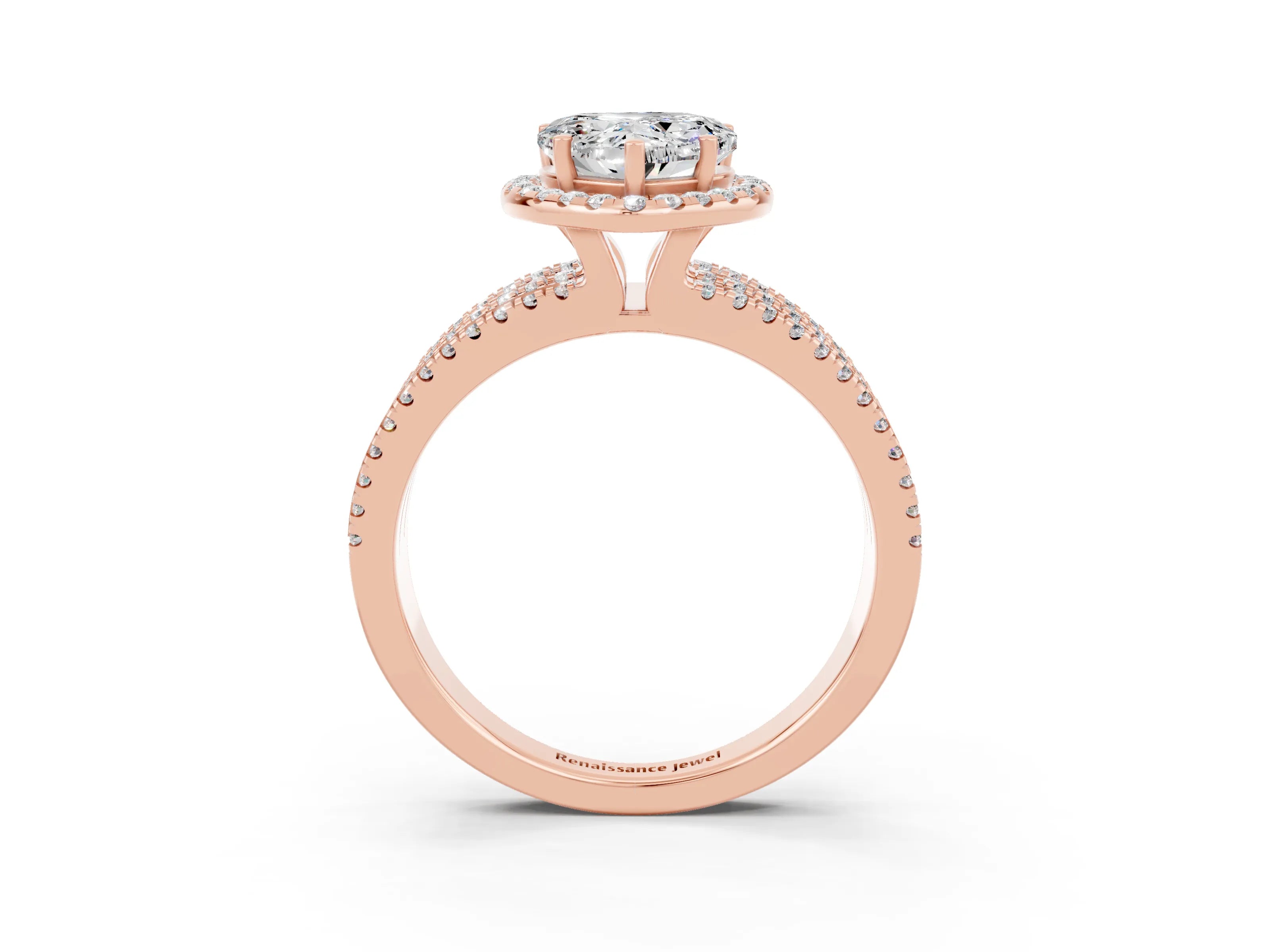 Rose gold {shape_name} Moissanite Halo Engagement Ring with Split Shank and Four-Prong Setting_3