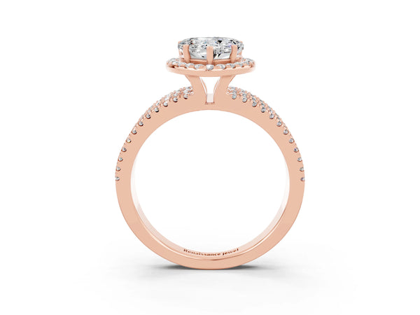 Rose gold Heart Cut Moissanite Halo Engagement Ring with Split Shank and Four-Prong Setting