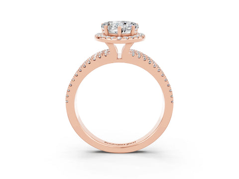 Rose gold {shape_name} Moissanite Halo Engagement Ring with Split Shank and Four-Prong Setting_3