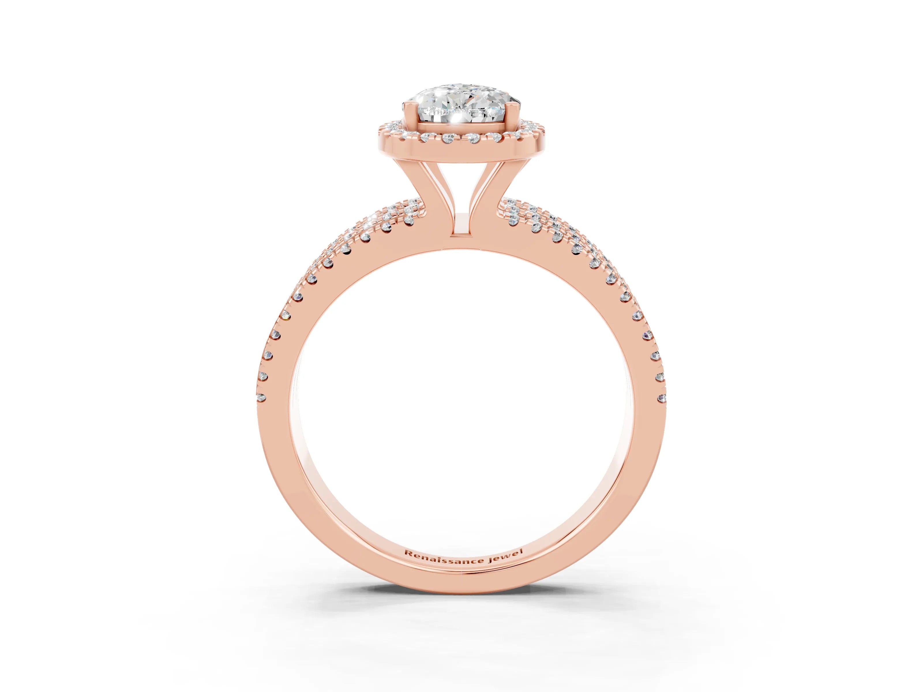 Rose gold {shape_name} Moissanite Halo Engagement Ring with Split Shank and Four-Prong Setting_3