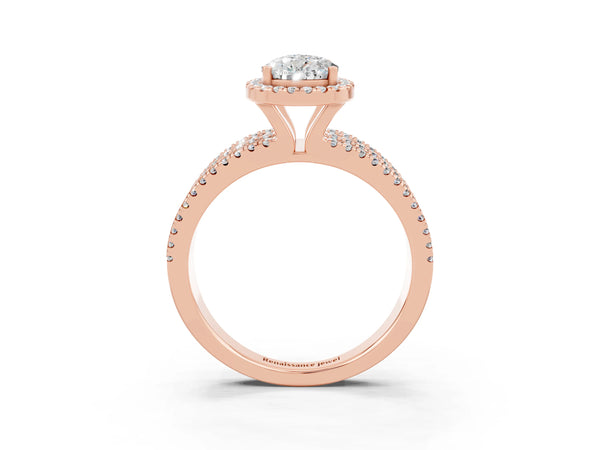 Rose gold Pear Cut Moissanite Halo Engagement Ring with Split Shank and Four-Prong Setting