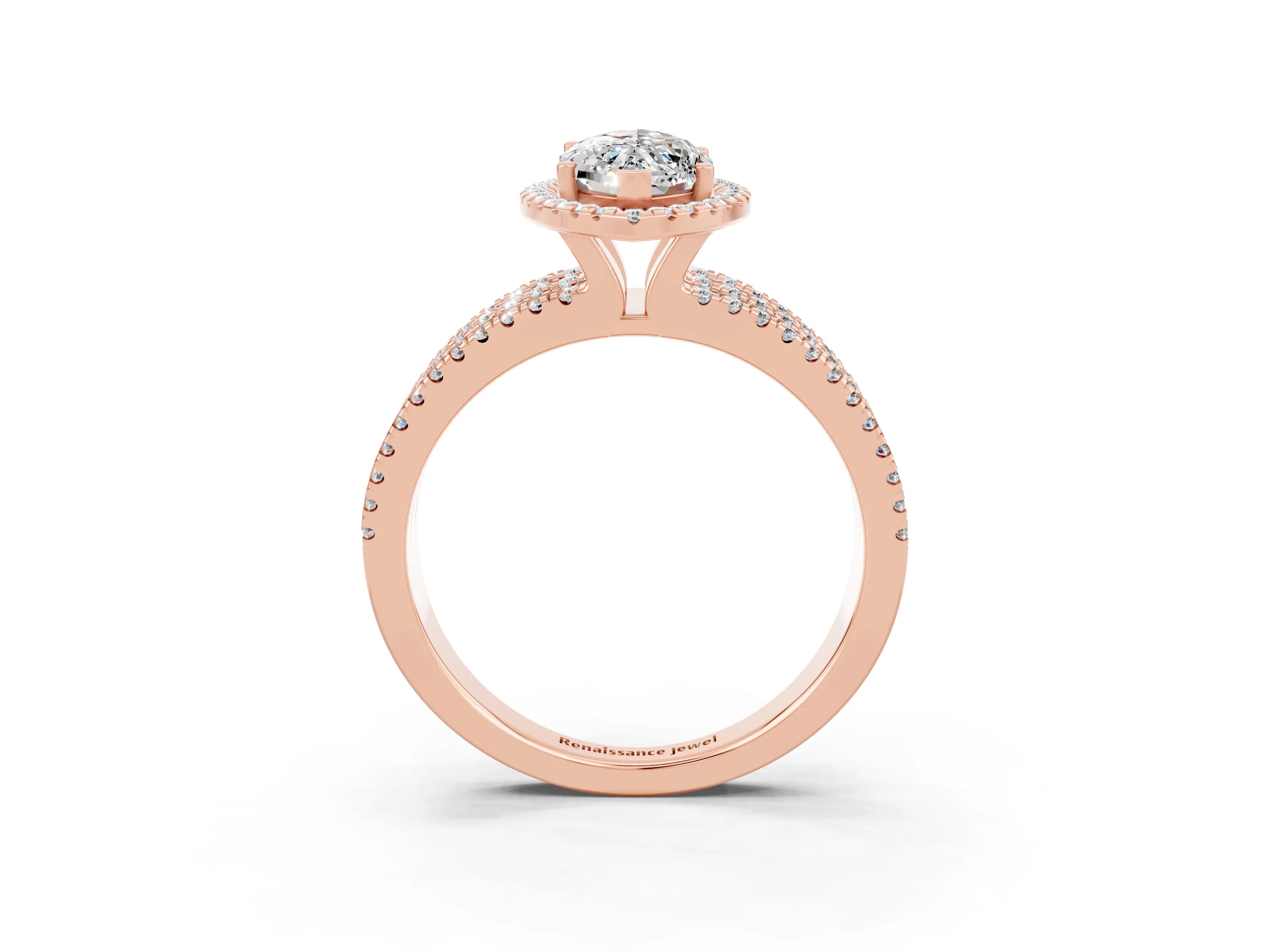 Rose gold {shape_name} Moissanite Halo Engagement Ring with Split Shank and Four-Prong Setting_3