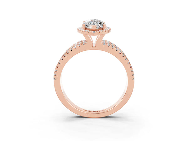 Rose gold Marquise Cut Moissanite Halo Engagement Ring with Split Shank and Four-Prong Setting