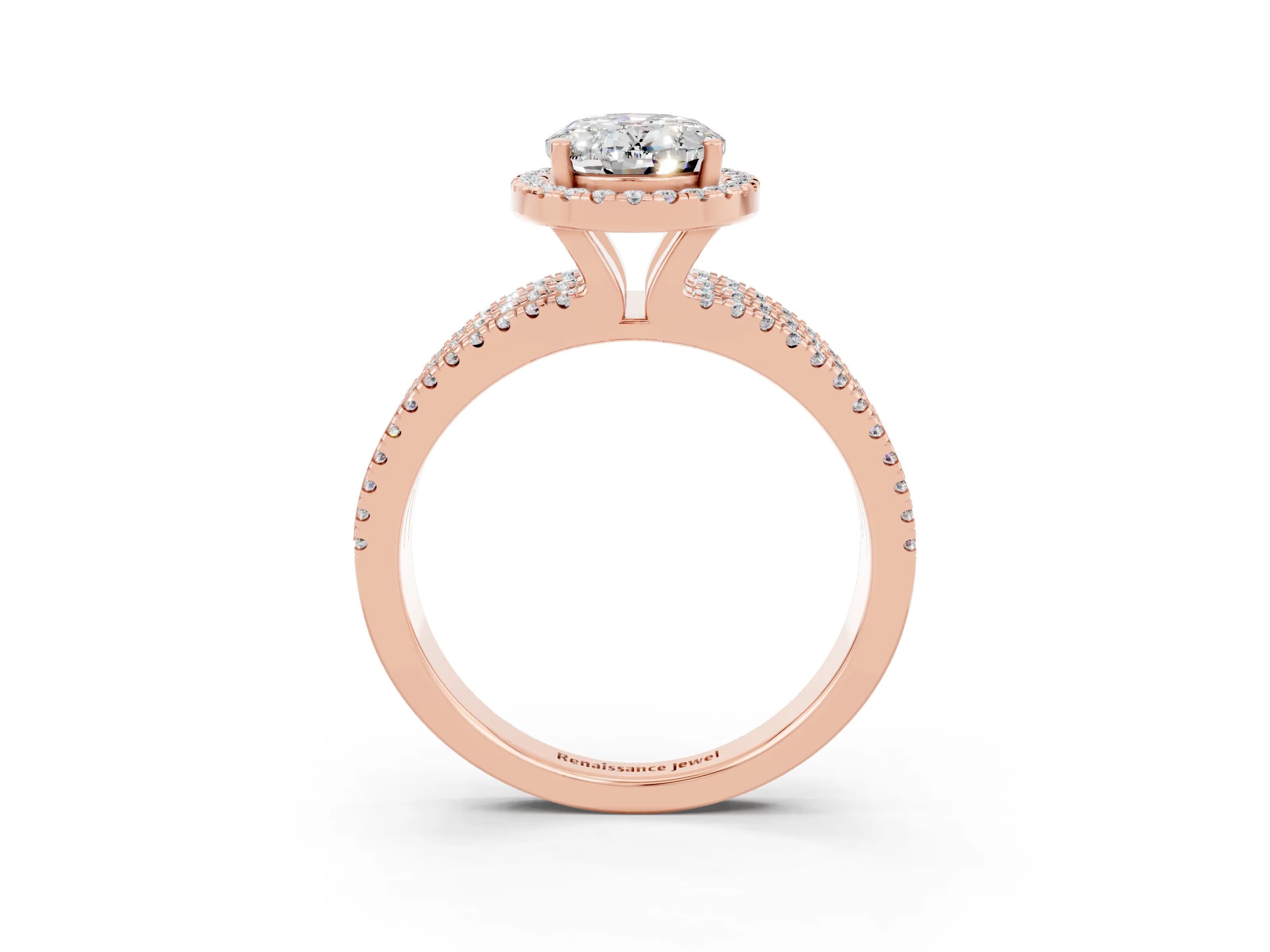 Rose gold {shape_name} Moissanite Halo Engagement Ring with Split Shank and Four-Prong Setting_3