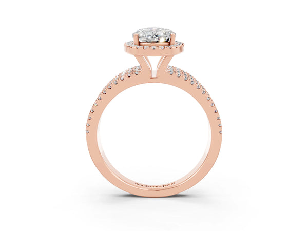 Rose gold Oval Cut Moissanite Halo Engagement Ring with Split Shank and Four-Prong Setting