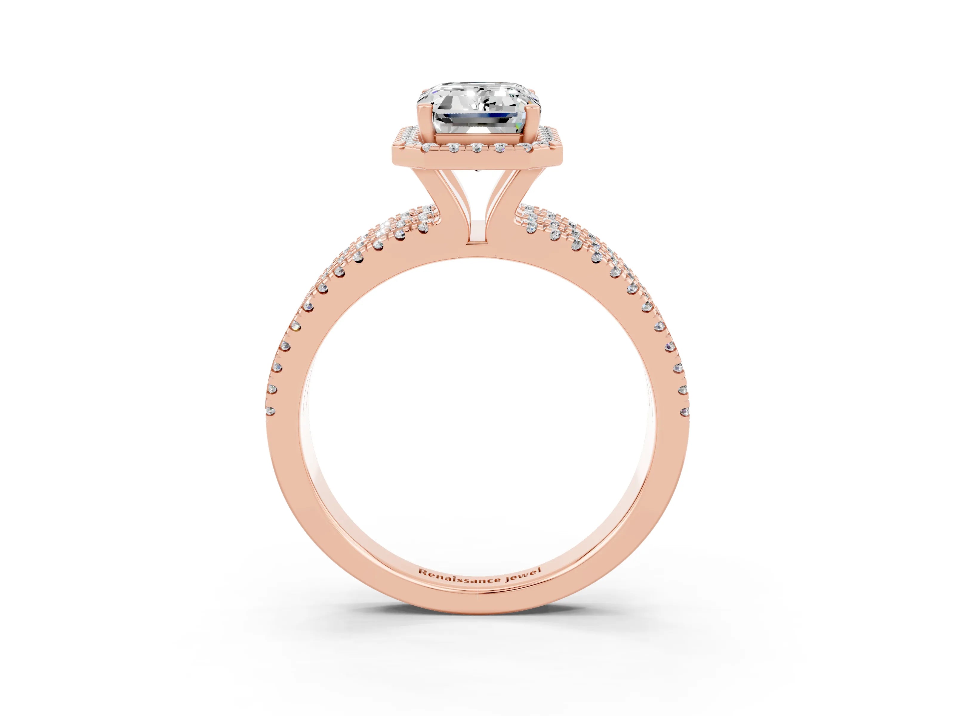Rose gold {shape_name} Moissanite Halo Engagement Ring with Split Shank and Four-Prong Setting_3
