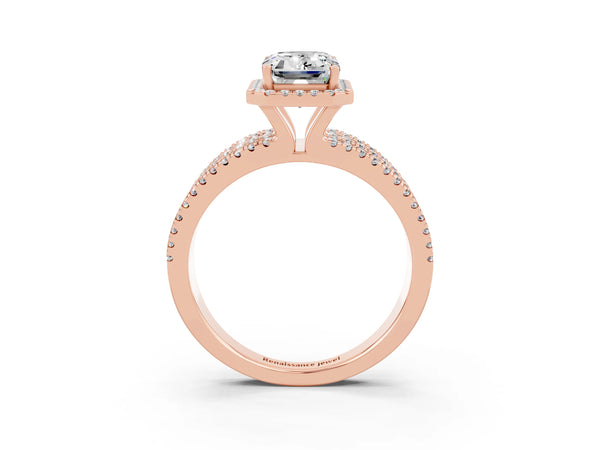 Rose gold Emerald Cut Moissanite Halo Engagement Ring with Split Shank and Four-Prong Setting