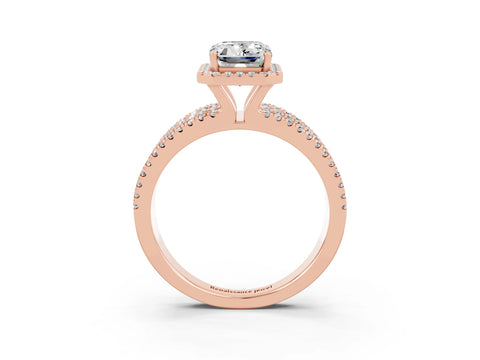 Rose gold {shape_name} Moissanite Halo Engagement Ring with Split Shank and Four-Prong Setting_3
