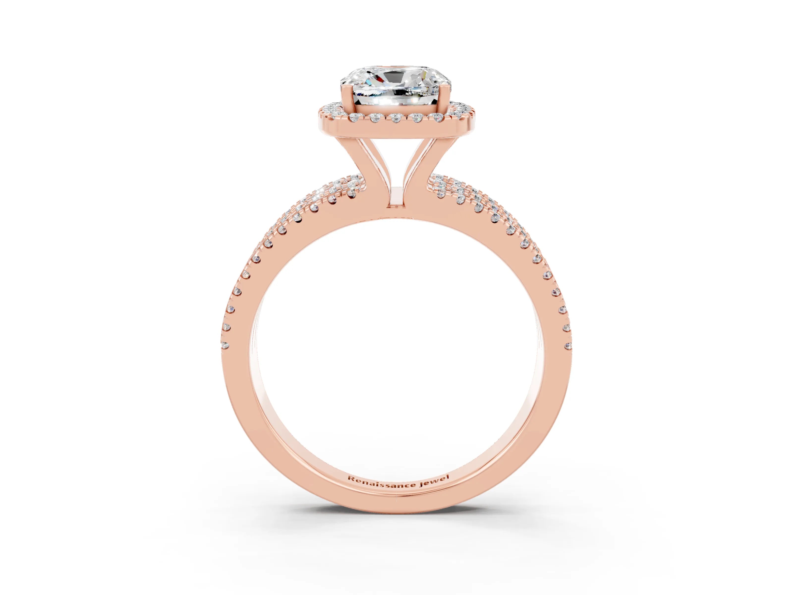 Rose gold {shape_name} Moissanite Halo Engagement Ring with Split Shank and Four-Prong Setting_3