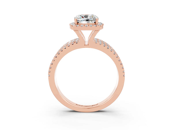 Rose gold Cushion Cut Moissanite Halo Engagement Ring with Split Shank and Four-Prong Setting