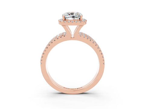 Rose gold {shape_name} Moissanite Halo Engagement Ring with Split Shank and Four-Prong Setting_3