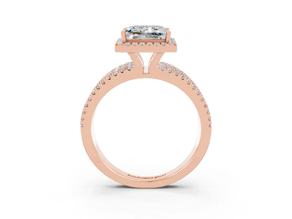 Rose gold Princess Cut Moissanite Halo Engagement Ring with Split Shank and Four-Prong Setting