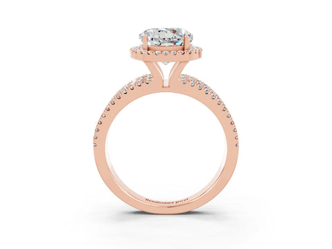 Rose gold {shape_name} Moissanite Halo Engagement Ring with Split Shank and Four-Prong Setting_3