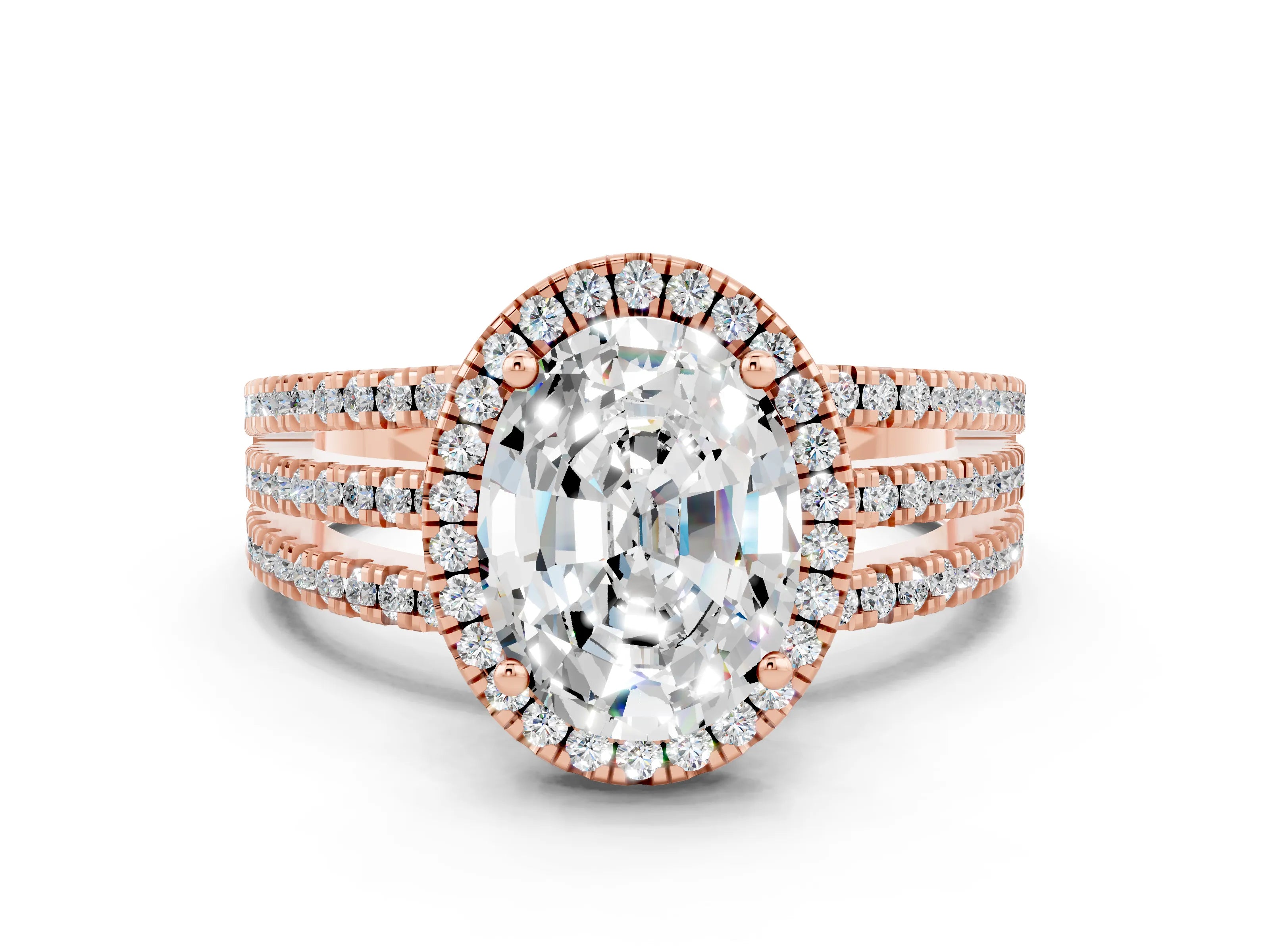 Rose gold {shape_name} Moissanite Halo Engagement Ring with Split Shank and Four-Prong Setting