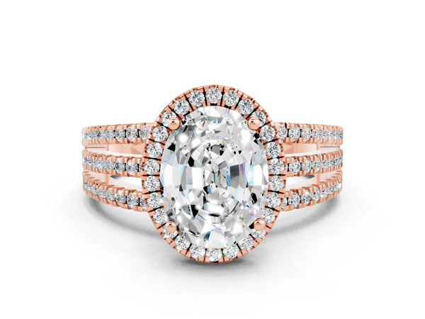 Rose gold Oval Cut Moissanite Halo Engagement Ring with Split Shank and Four-Prong Setting