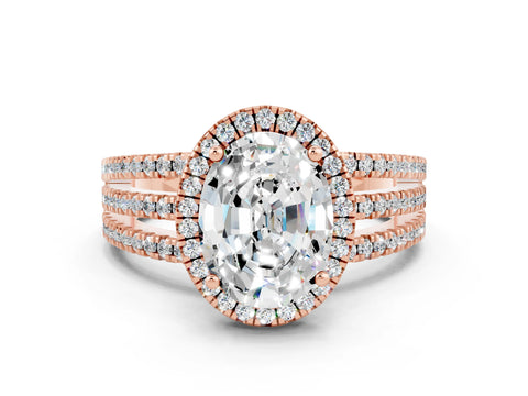 Rose gold {shape_name} Moissanite Halo Engagement Ring with Split Shank and Four-Prong Setting