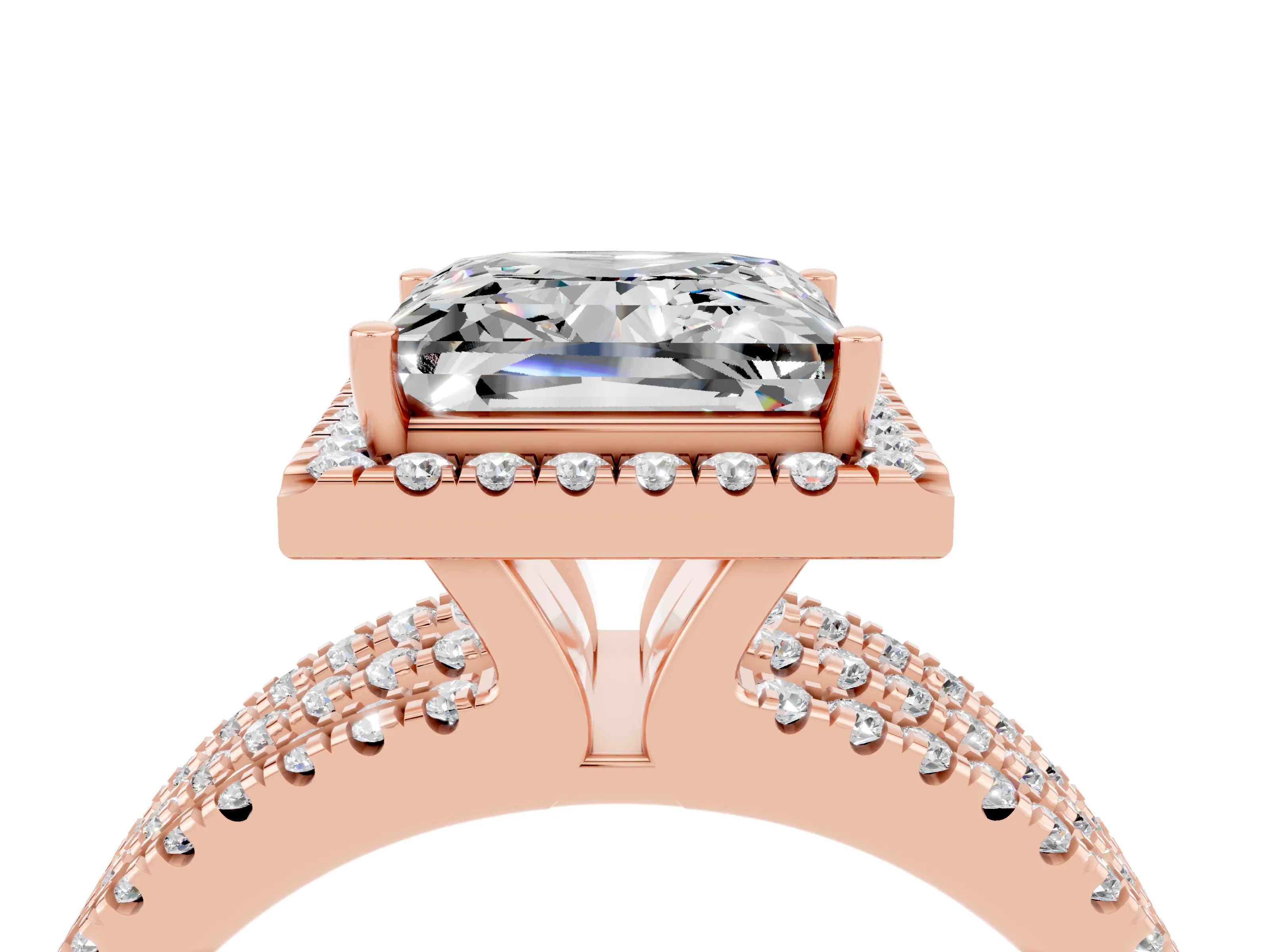 Rose gold {shape_name} Moissanite Halo Engagement Ring with Split Shank and Four-Prong Setting_4