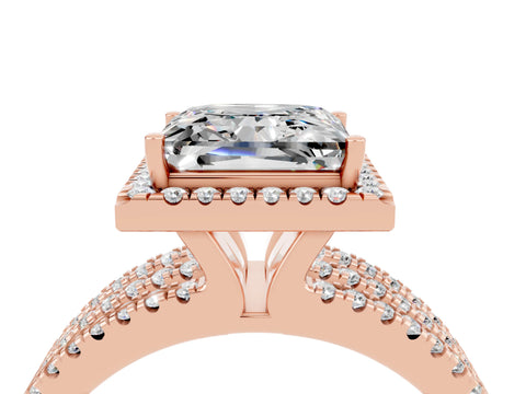 Rose gold {shape_name} Moissanite Halo Engagement Ring with Split Shank and Four-Prong Setting_4