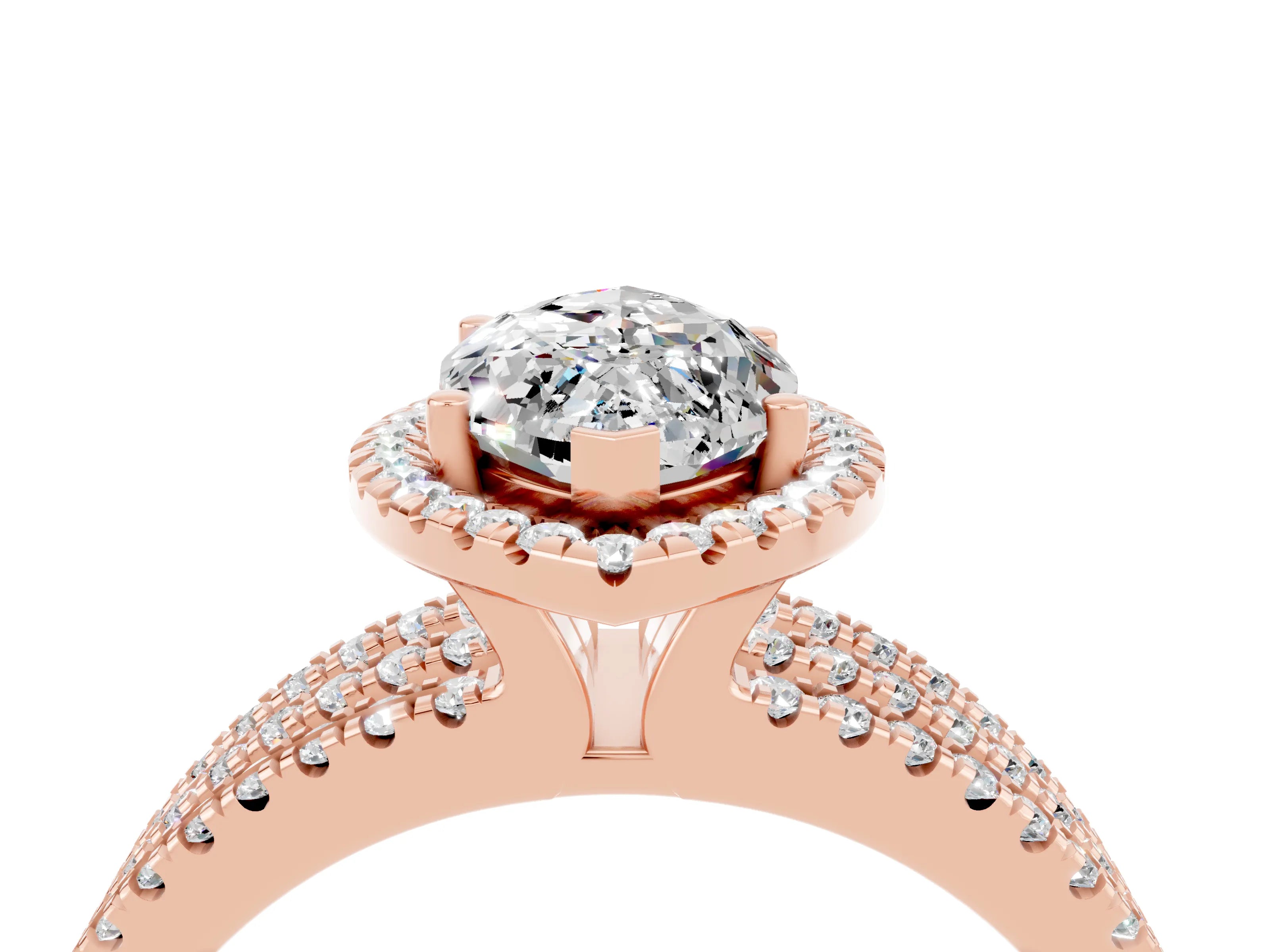 Rose gold {shape_name} Moissanite Halo Engagement Ring with Split Shank and Four-Prong Setting_4