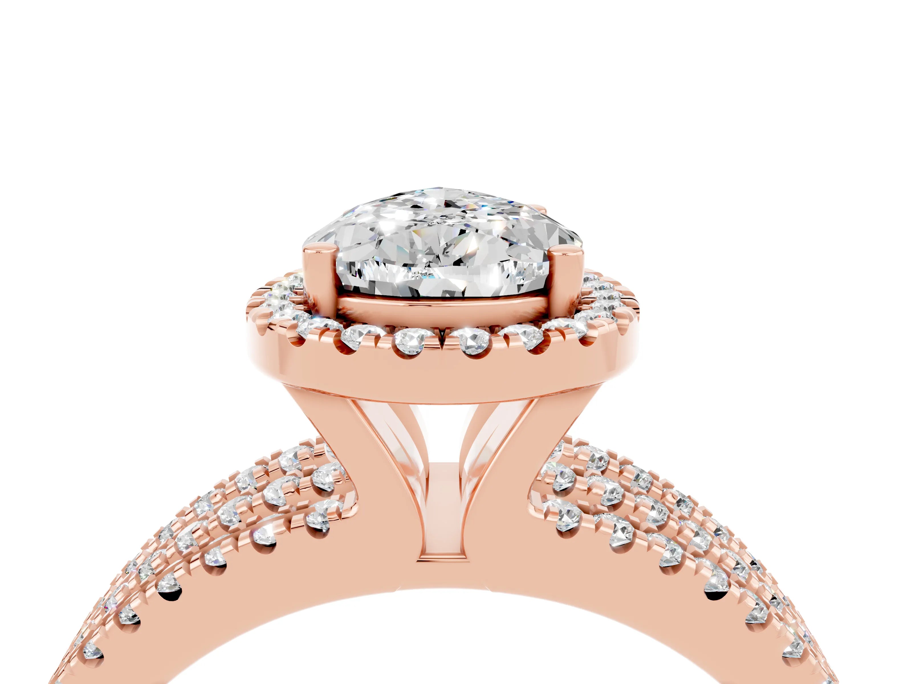 Rose gold {shape_name} Moissanite Halo Engagement Ring with Split Shank and Four-Prong Setting_4