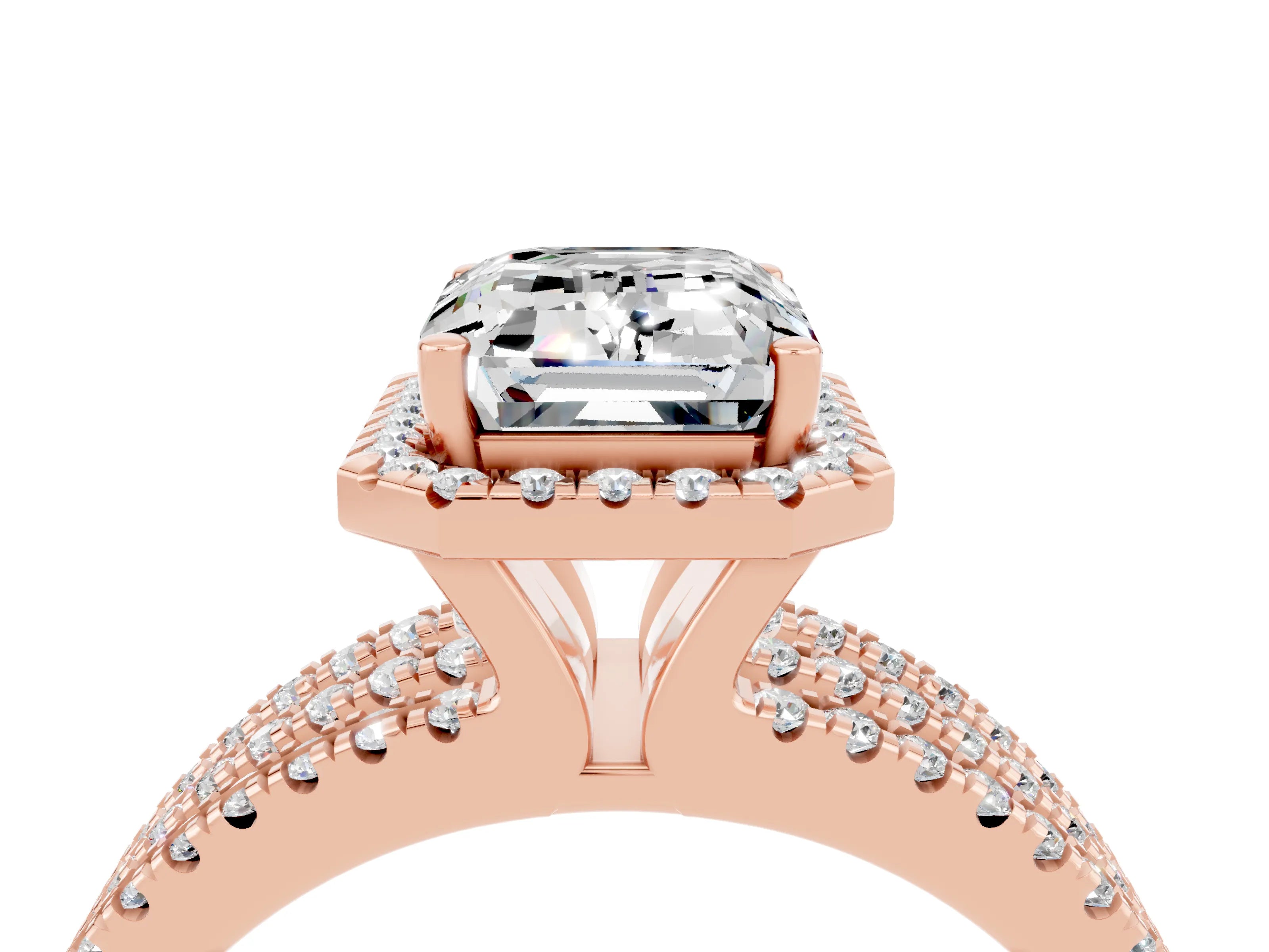 Rose gold {shape_name} Moissanite Halo Engagement Ring with Split Shank and Four-Prong Setting_4