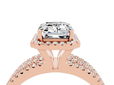 Rose gold {shape_name} Moissanite Halo Engagement Ring with Split Shank and Four-Prong Setting_4