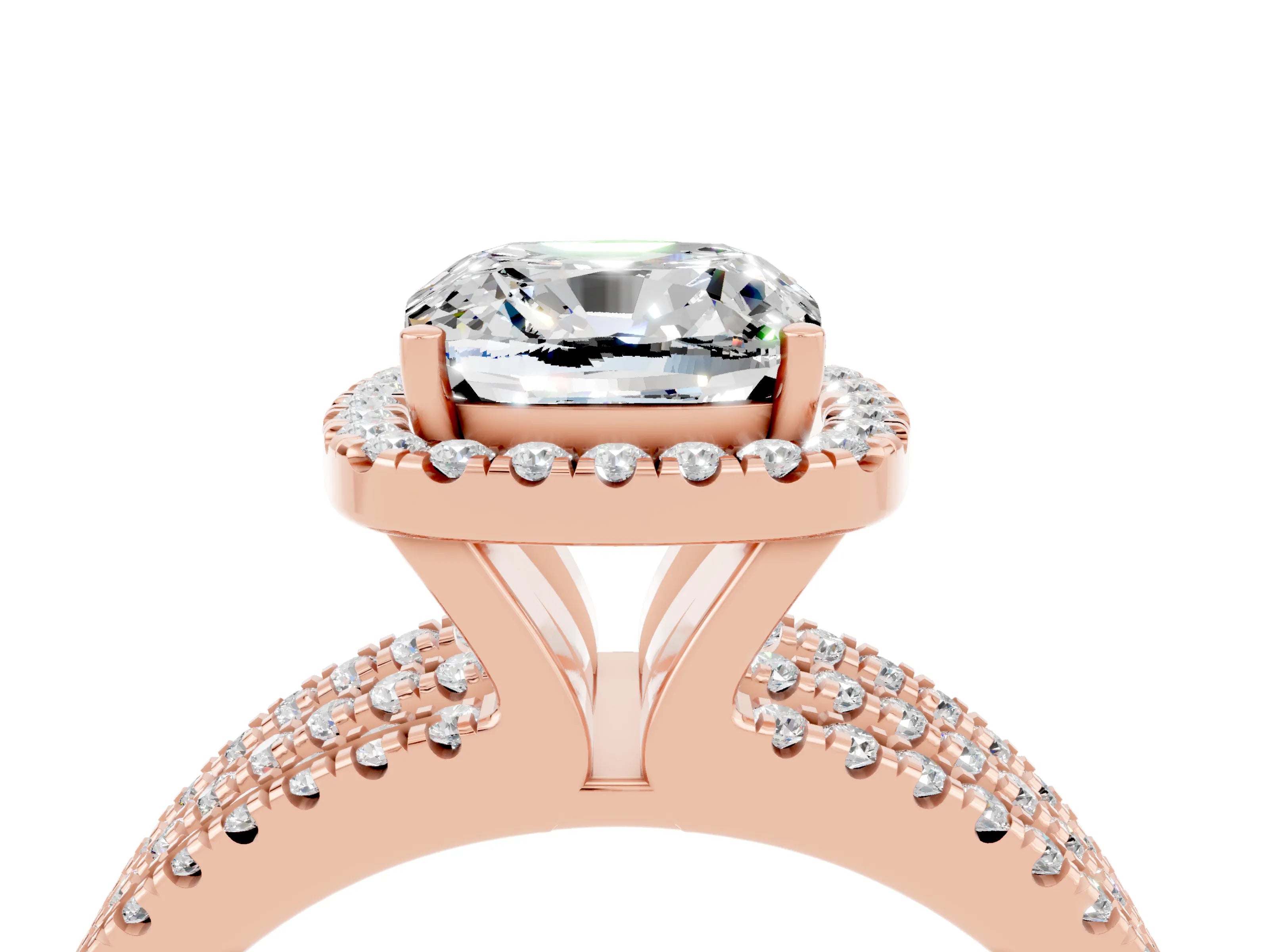 Rose gold {shape_name} Moissanite Halo Engagement Ring with Split Shank and Four-Prong Setting_4