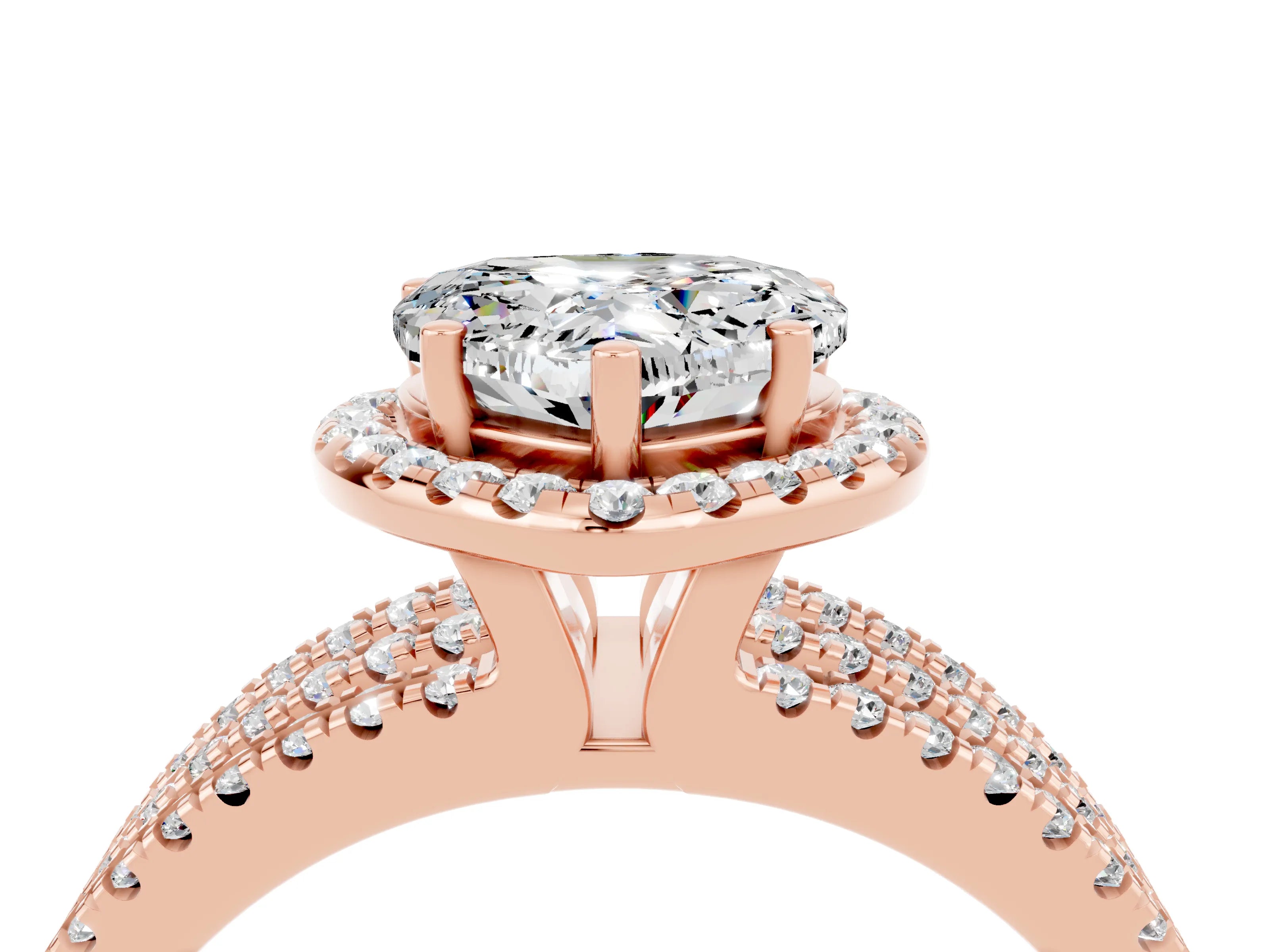 Rose gold {shape_name} Moissanite Halo Engagement Ring with Split Shank and Four-Prong Setting_4