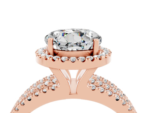 Rose gold {shape_name} Moissanite Halo Engagement Ring with Split Shank and Four-Prong Setting_4