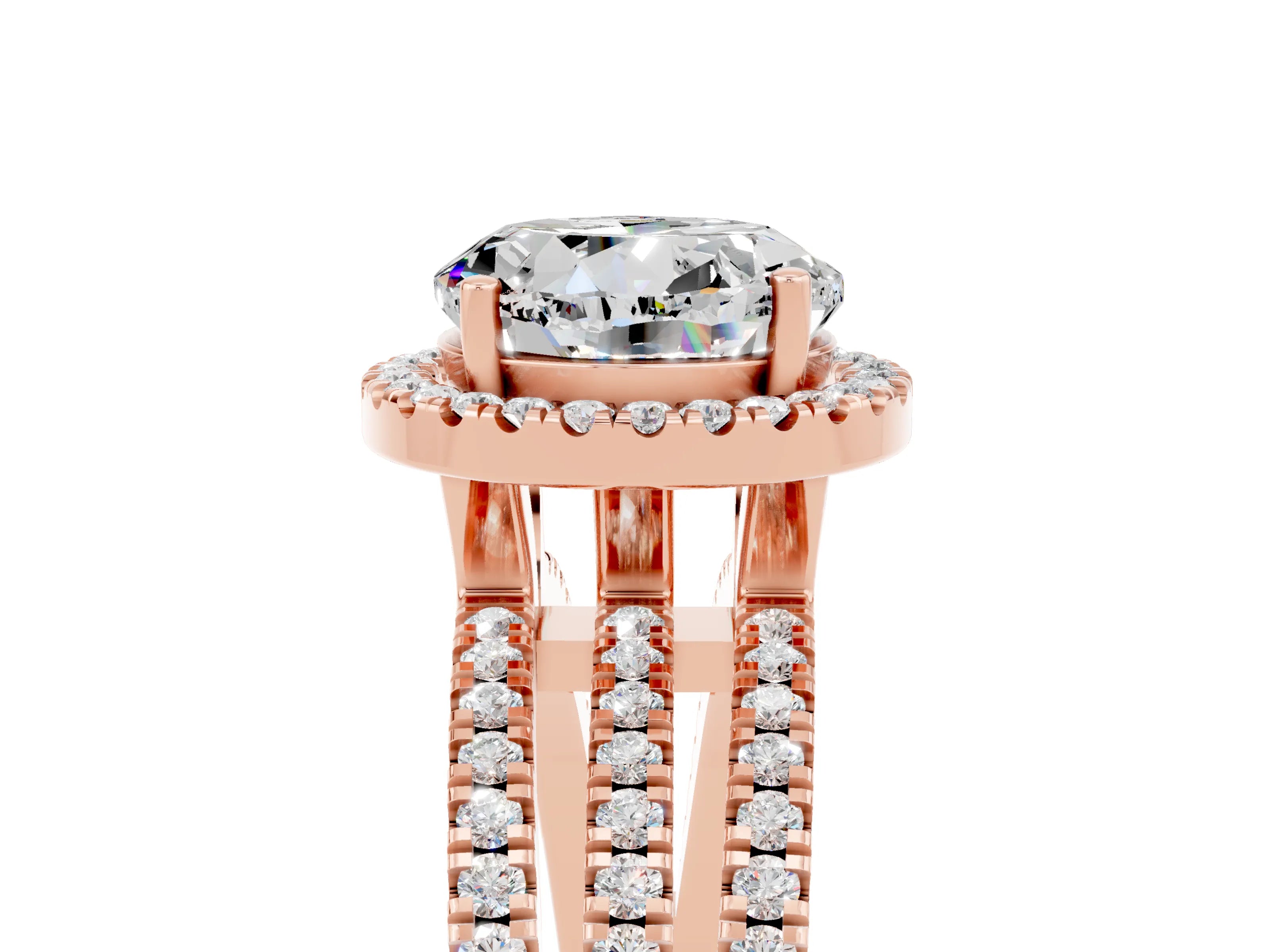 Rose gold {shape_name} Moissanite Halo Engagement Ring with Split Shank and Four-Prong Setting_5