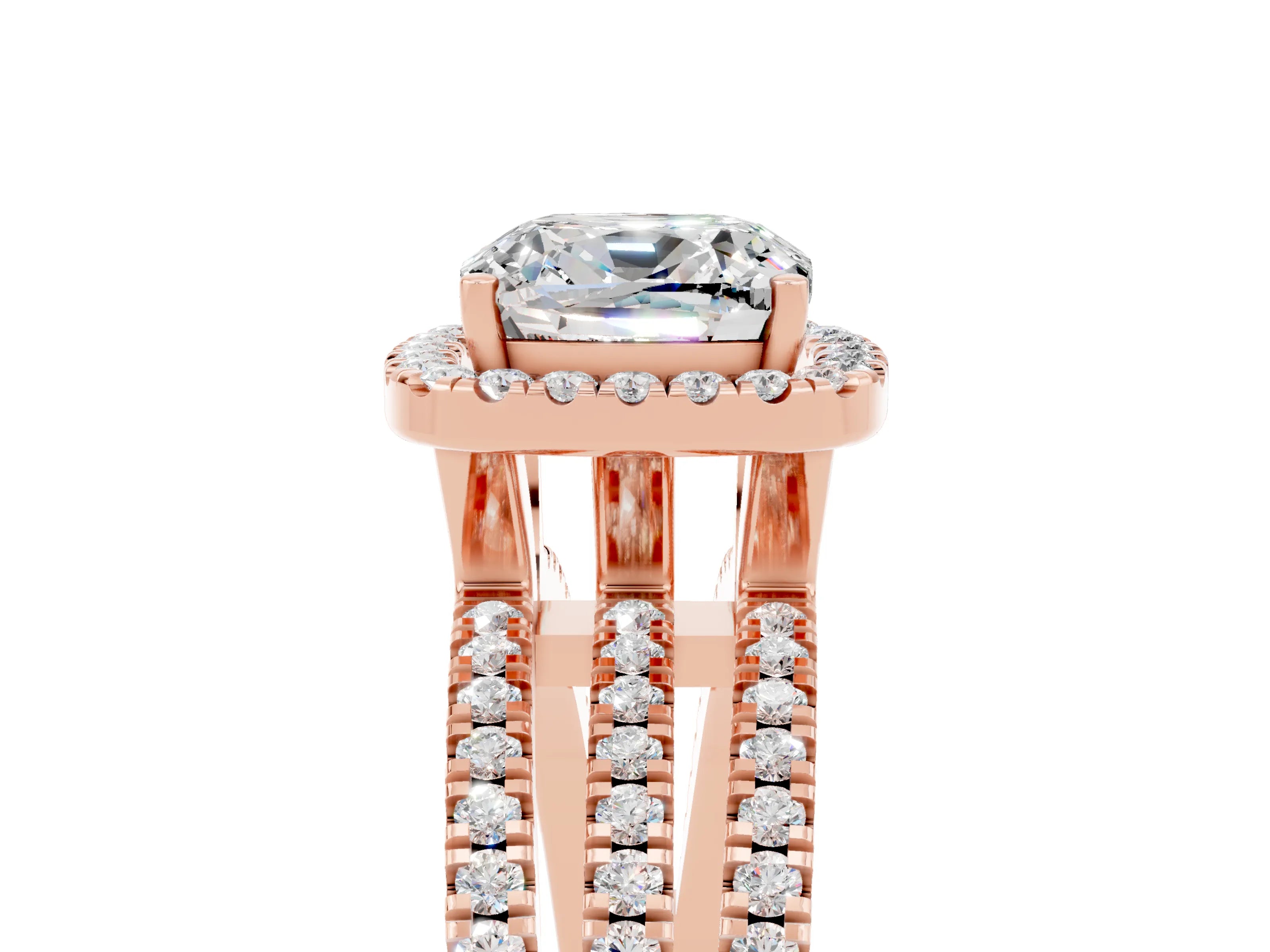 Rose gold {shape_name} Moissanite Halo Engagement Ring with Split Shank and Four-Prong Setting_5