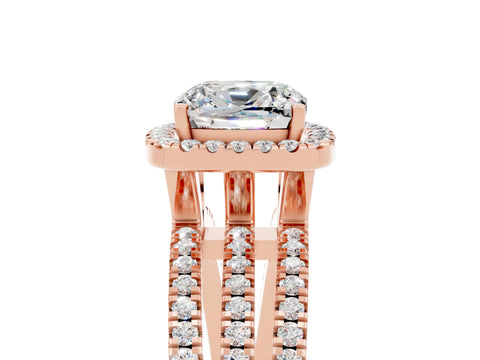 Rose gold {shape_name} Moissanite Halo Engagement Ring with Split Shank and Four-Prong Setting_5