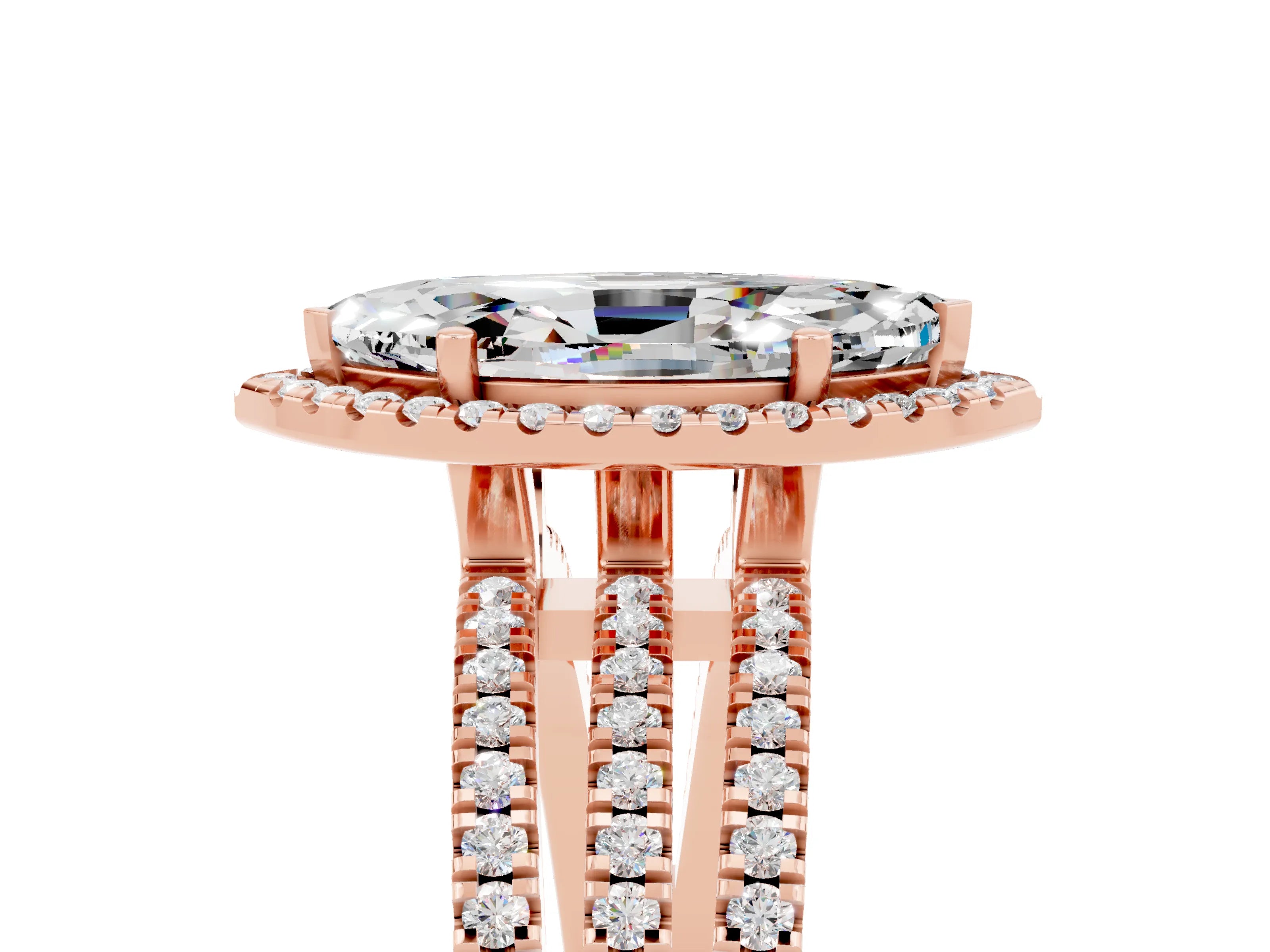 Rose gold {shape_name} Moissanite Halo Engagement Ring with Split Shank and Four-Prong Setting_5