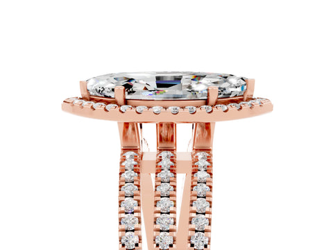 Rose gold {shape_name} Moissanite Halo Engagement Ring with Split Shank and Four-Prong Setting_5