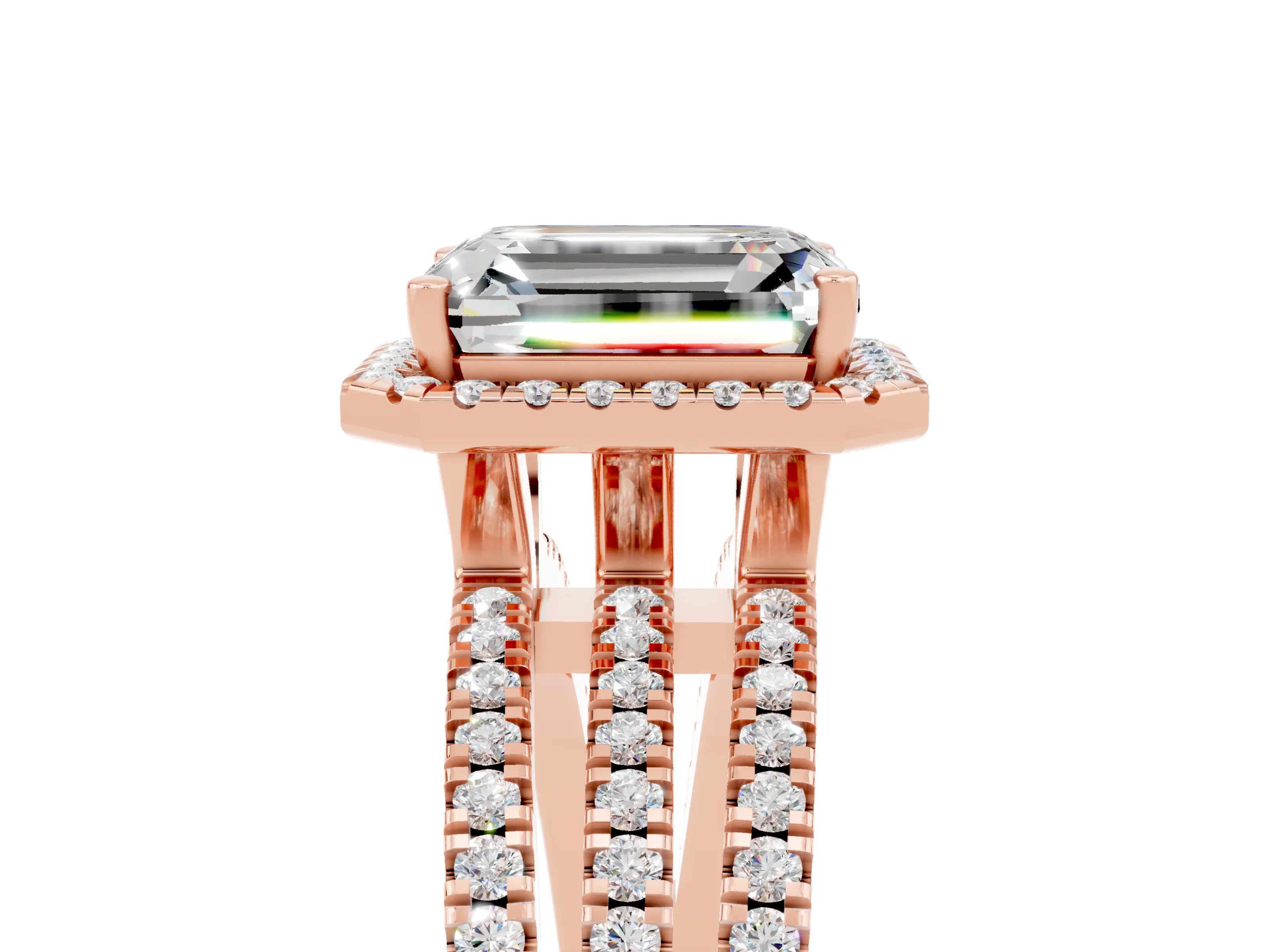 Rose gold {shape_name} Moissanite Halo Engagement Ring with Split Shank and Four-Prong Setting_5