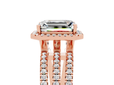 Rose gold {shape_name} Moissanite Halo Engagement Ring with Split Shank and Four-Prong Setting_5