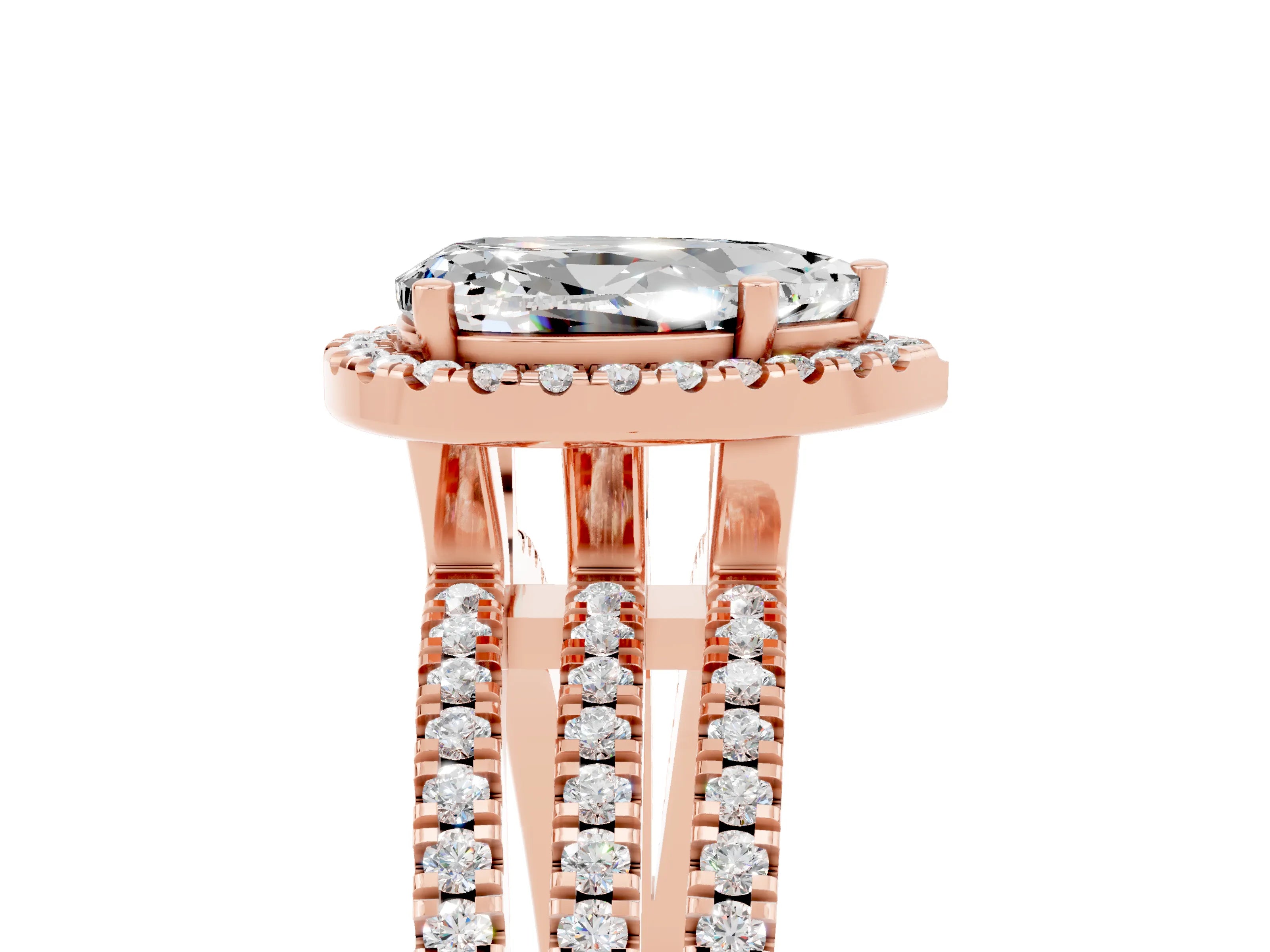 Rose gold {shape_name} Moissanite Halo Engagement Ring with Split Shank and Four-Prong Setting_5
