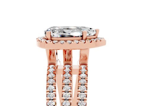 Rose gold {shape_name} Moissanite Halo Engagement Ring with Split Shank and Four-Prong Setting_5