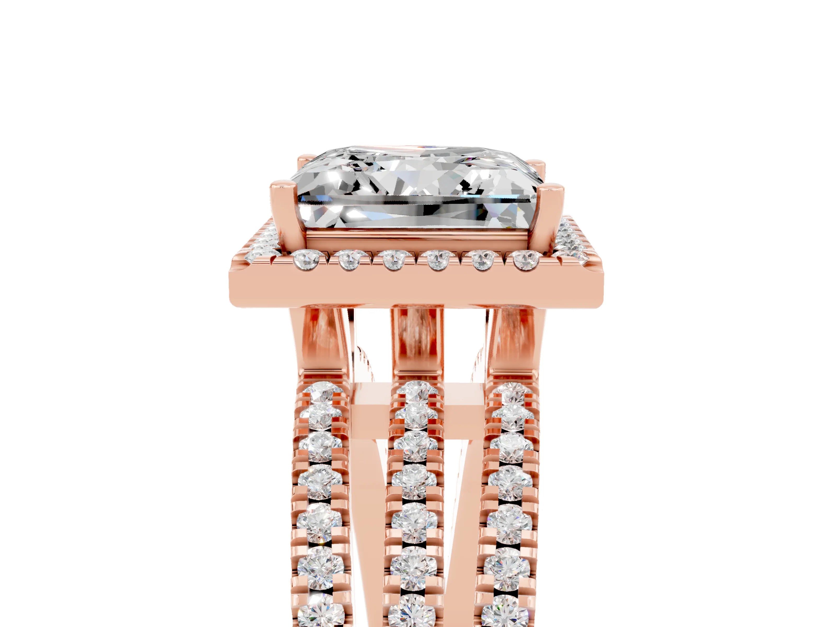 Rose gold {shape_name} Moissanite Halo Engagement Ring with Split Shank and Four-Prong Setting_5