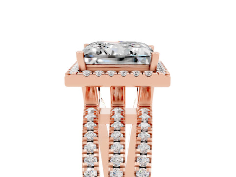 Rose gold {shape_name} Moissanite Halo Engagement Ring with Split Shank and Four-Prong Setting_5