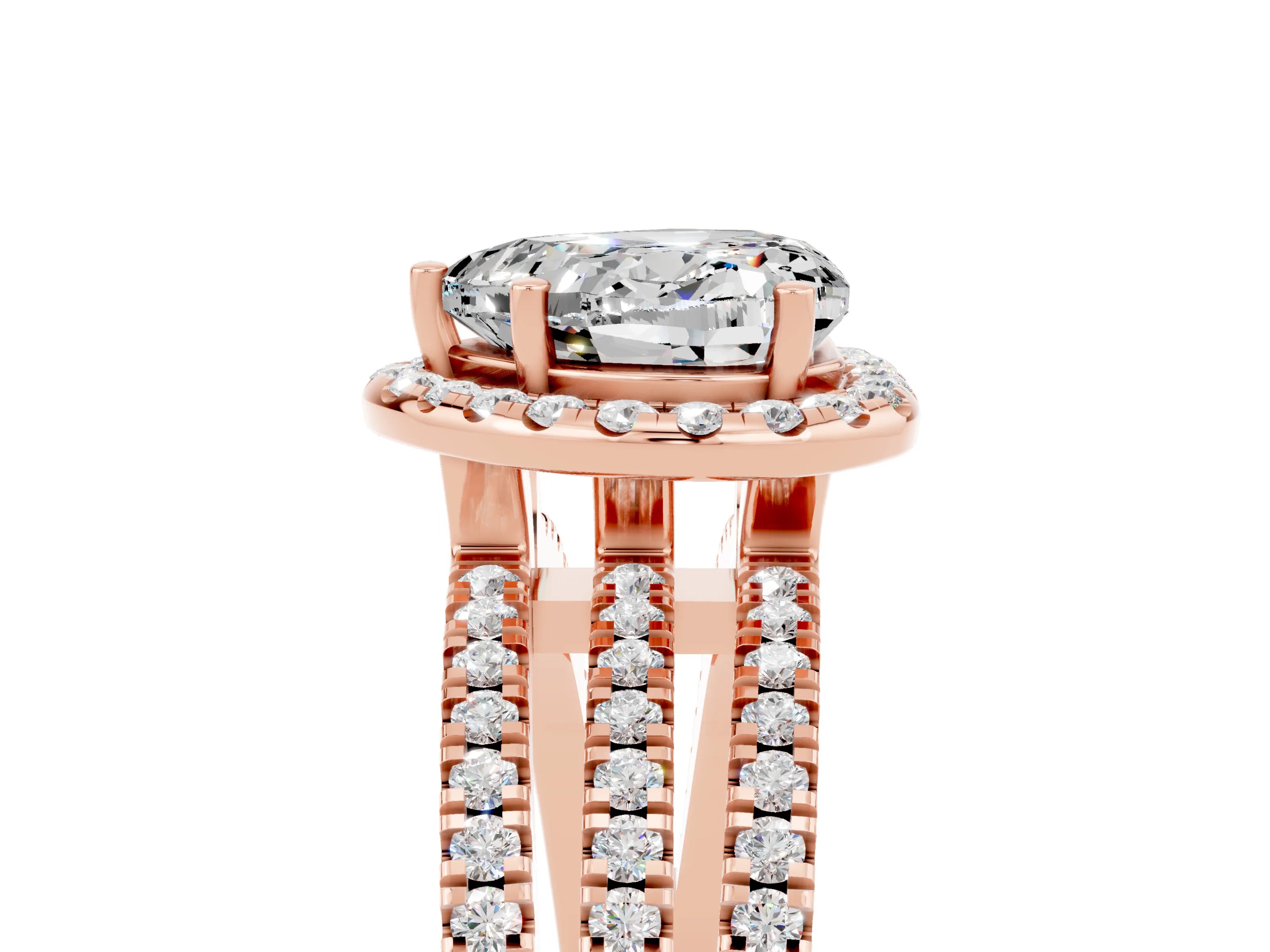 Rose gold {shape_name} Moissanite Halo Engagement Ring with Split Shank and Four-Prong Setting_5