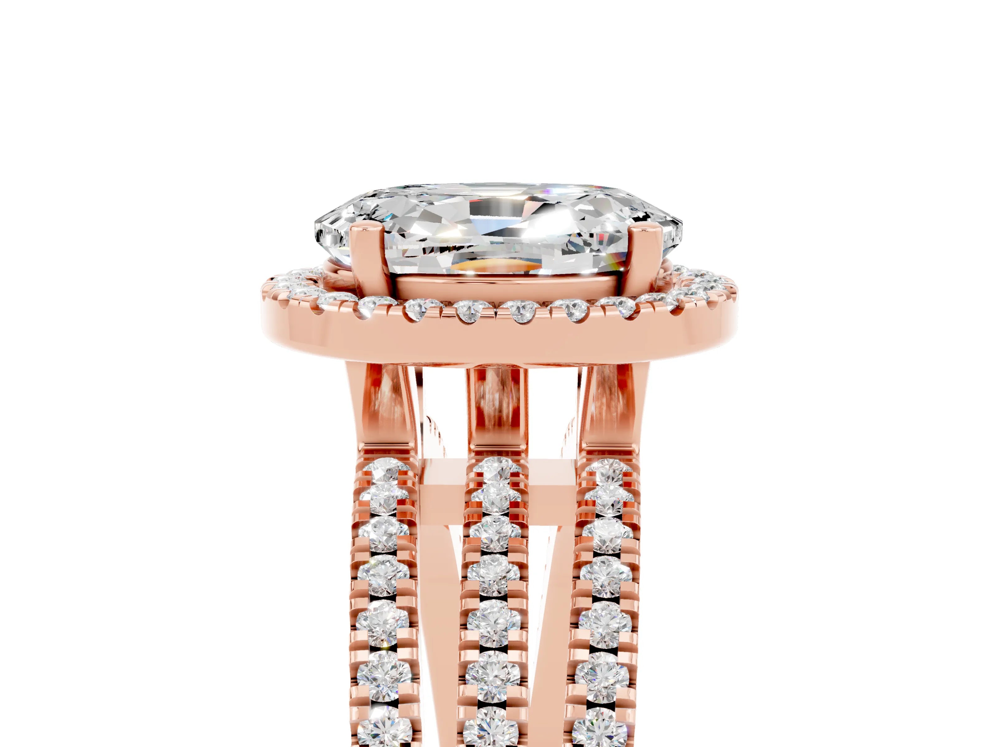 Rose gold {shape_name} Moissanite Halo Engagement Ring with Split Shank and Four-Prong Setting_5