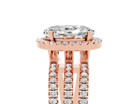 Rose gold {shape_name} Moissanite Halo Engagement Ring with Split Shank and Four-Prong Setting_5