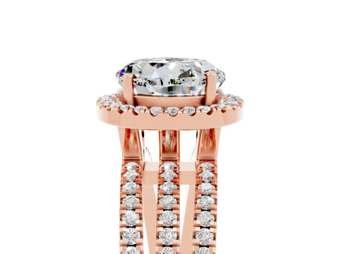 Rose gold {shape_name} Moissanite Halo Engagement Ring with Split Shank and Four-Prong Setting_5