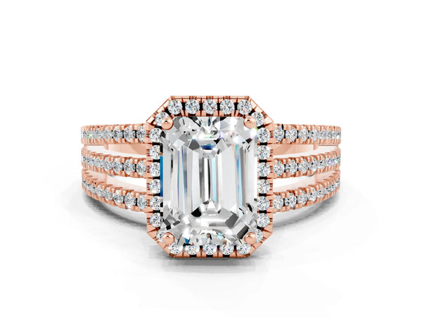 Rose gold Emerald Cut Moissanite Halo Engagement Ring with Split Shank and Four-Prong Setting