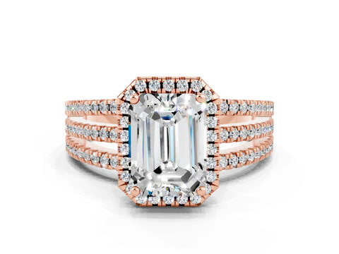Rose gold {shape_name} Moissanite Halo Engagement Ring with Split Shank and Four-Prong Setting